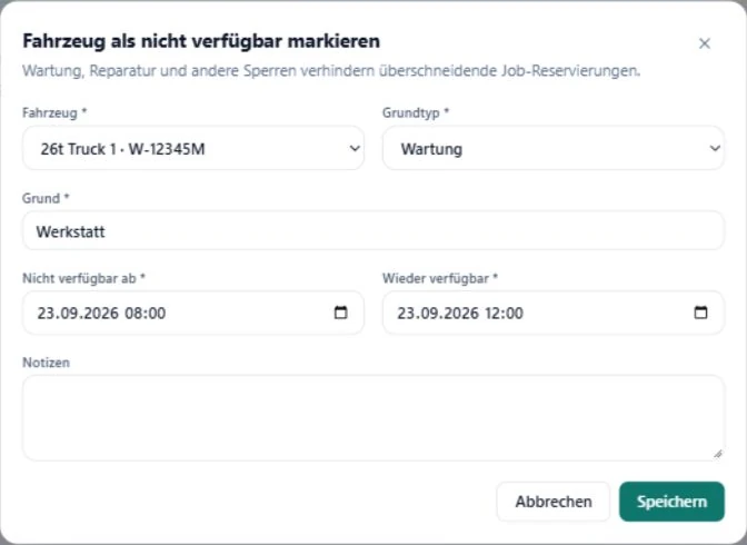 SAVIE-Formular für eine Fahrzeugsperre mit Grundtyp Wartung und Beginn und Ende der Nichtverfügbarkeit