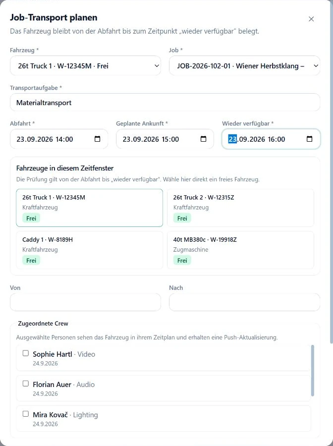 SAVIE-Dialog für einen Job-Transport mit Fahrzeug, Job, Abfahrt, Ankunft und Wiederverfügbarkeit